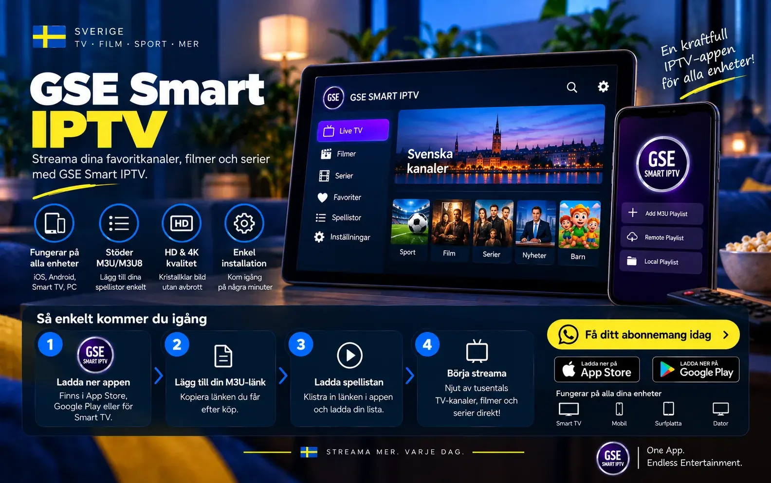 GSE Smart IPTV på surfplatta och mobil med menyn för att lägga till spellistor, under rubriken GSE Smart IPTV