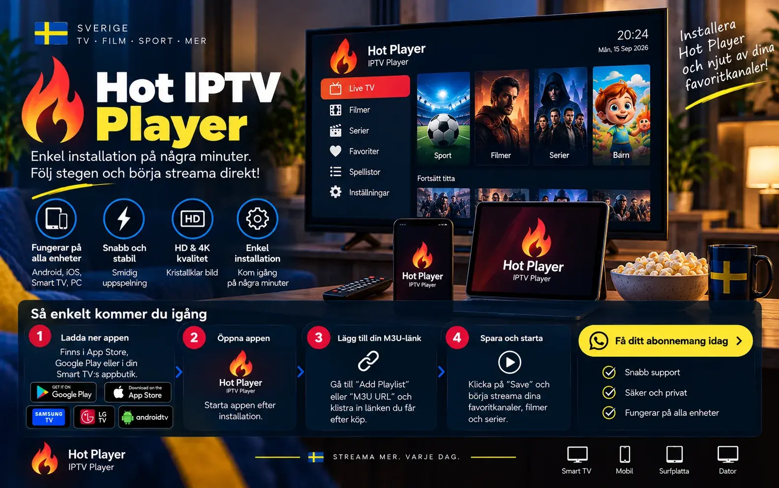 Fyra steg för att installera Hot IPTV Player, med appens lågsymbol på mobil, surfplatta och TV