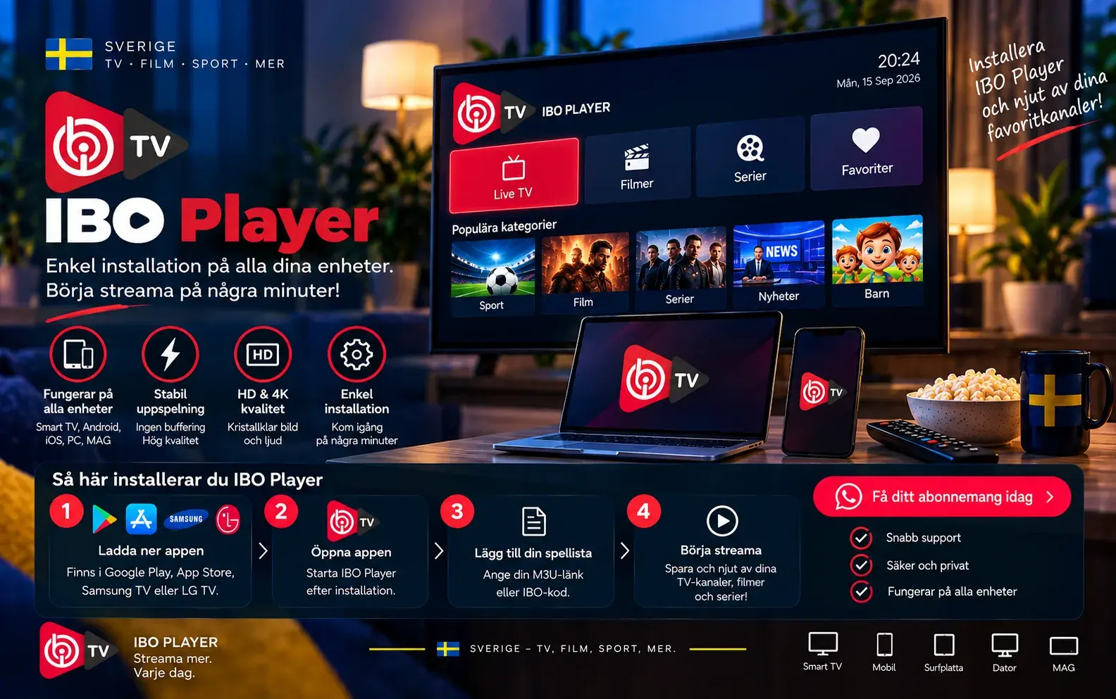 Fyra steg för att installera IBO Player, med appen öppen på TV, laptop och mobil