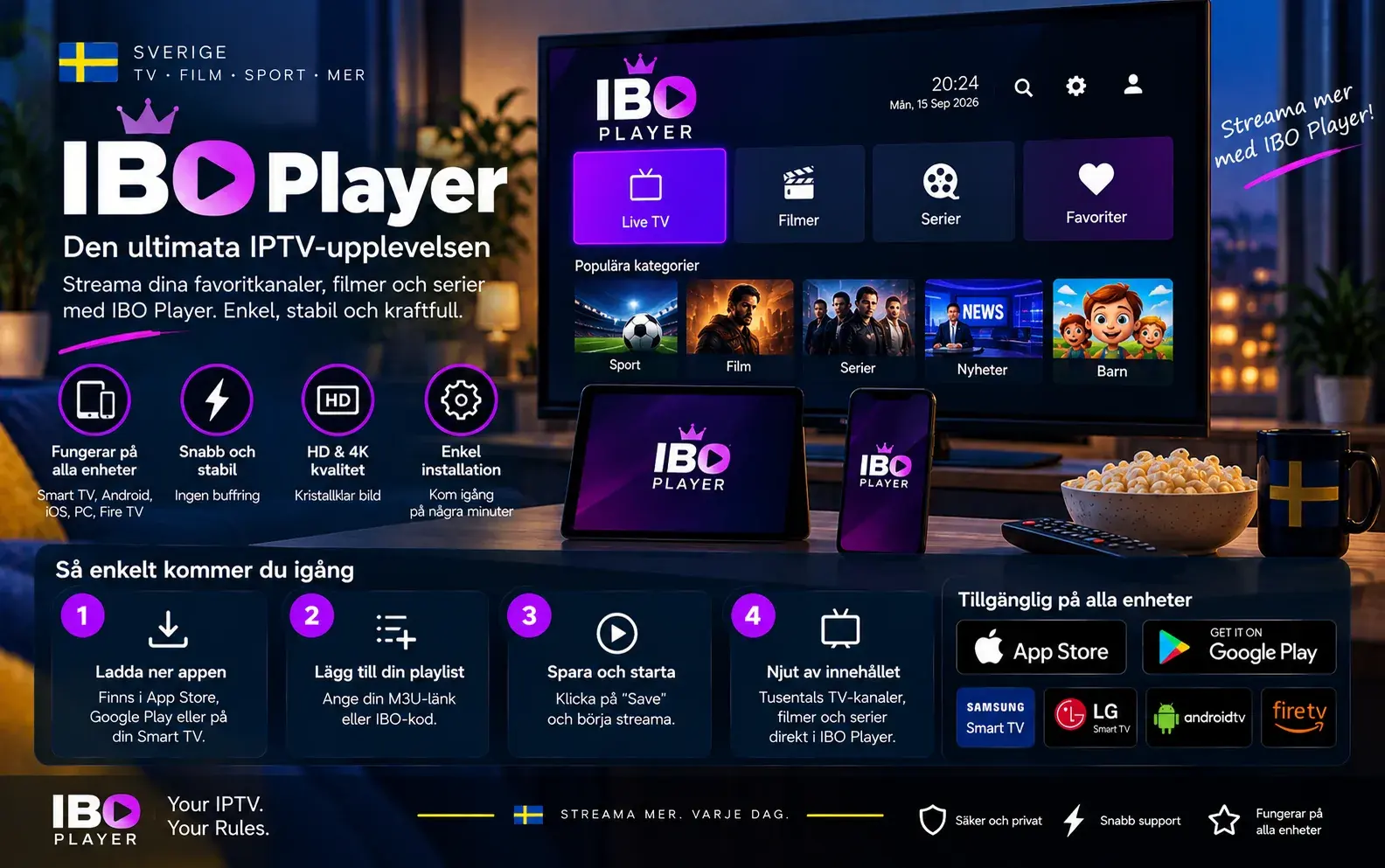 IBO Player på TV, surfplatta och mobil med menyn Live TV, Filmer, Serier och Favoriter