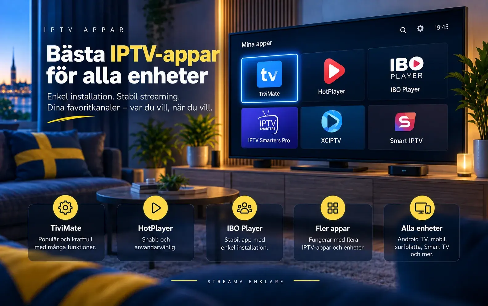 Sex IPTV-appar som rutor på en TV-skärm under rubriken Bästa IPTV-appar för alla enheter, i ett vardagsrum med svenska färger