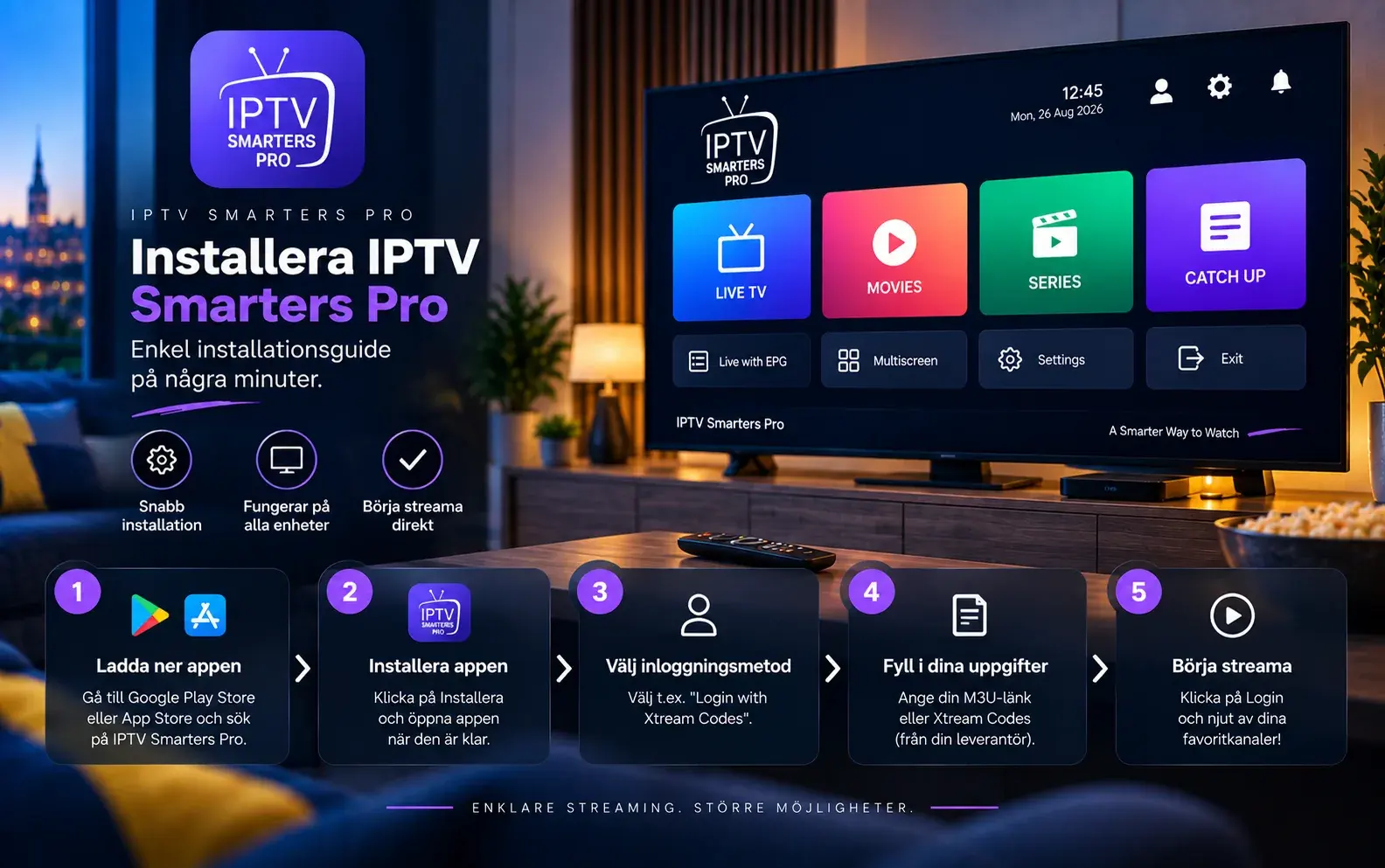 Fem steg för att installera IPTV Smarters Pro, från appbutik till inloggning, bredvid en TV med appens startmeny