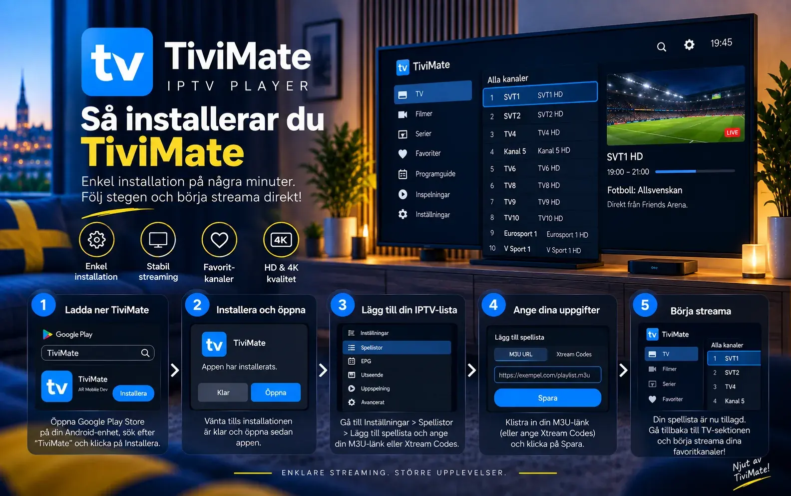 Fem steg för att installera TiviMate: ladda ner, installera, lägg till spellista, ange uppgifter och börja streama