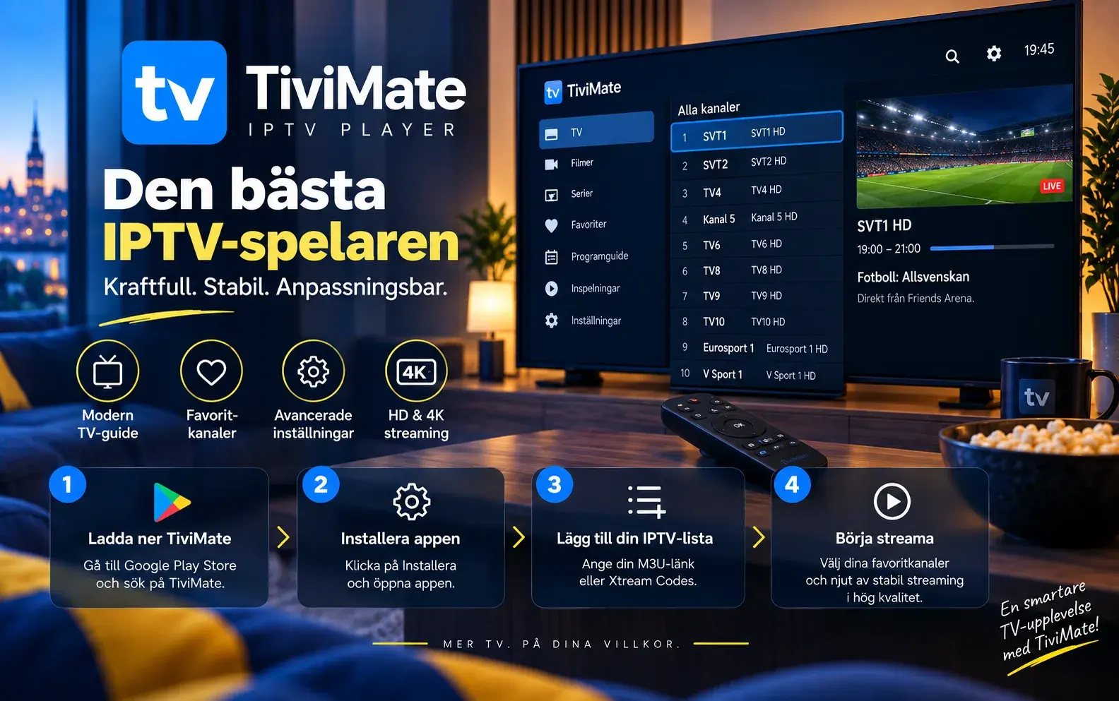 TiviMate på en TV med kanallista och en pågående fotbollssändning under rubriken Den bästa IPTV-spelaren