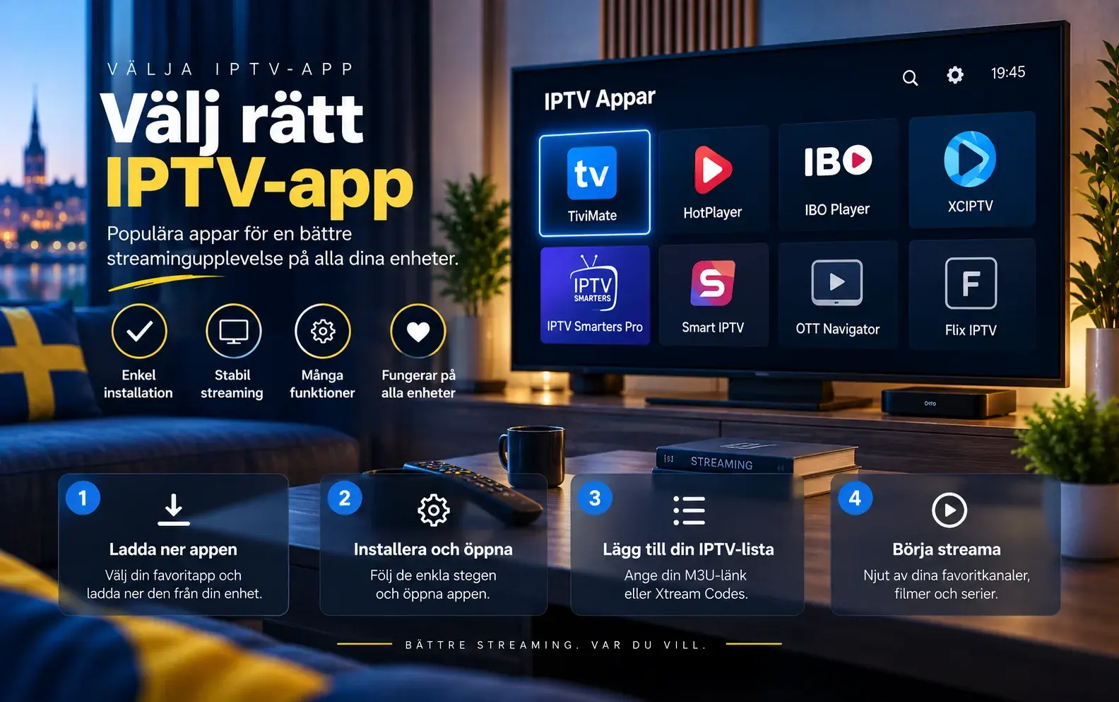 Åtta IPTV-appar som rutor på en TV under rubriken Välj rätt IPTV-app, med fyra steg för att komma igång