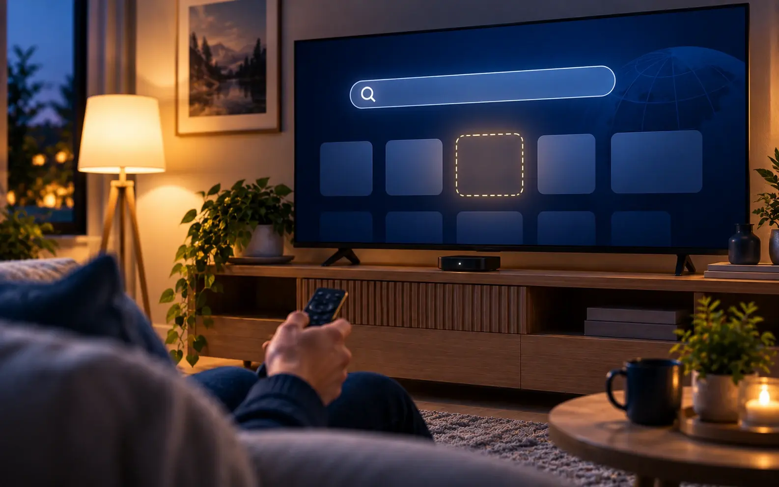 Tv med ett tomt sökfält och tomma apprutor, en av dem streckad, och en hand med fjärrkontroll