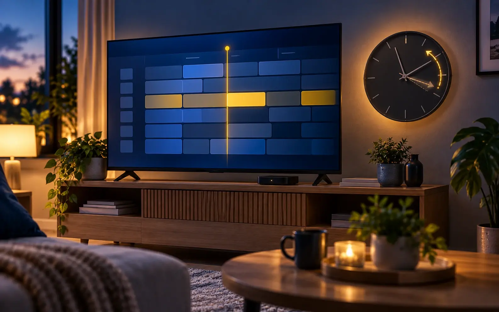 Tv med en programguide i rutnät och en gul tidslinje, bredvid en väggklocka med en tidsförskjutande pil