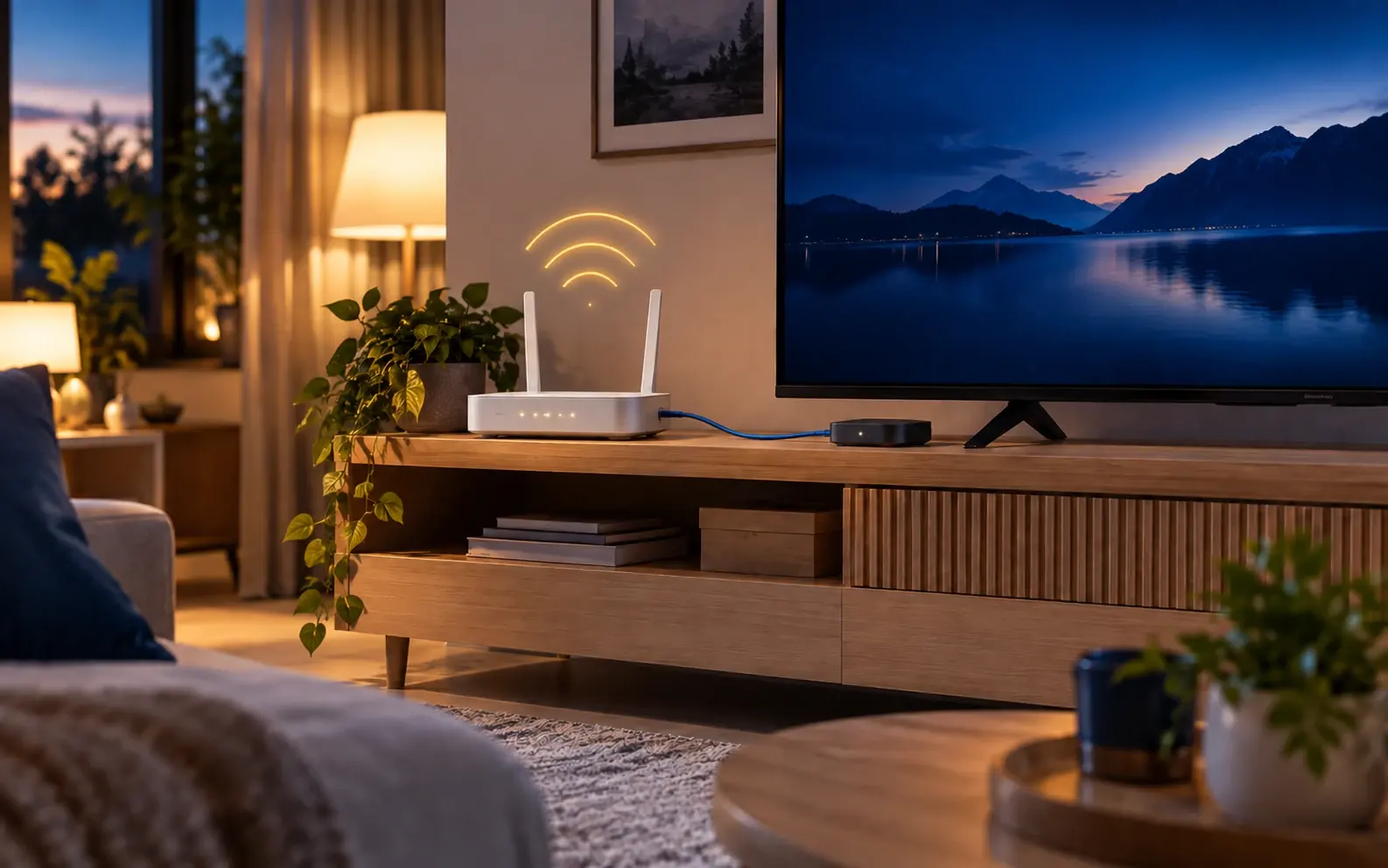 Wi-Fi-router på en tv-bänk, kopplad med en blå nätverkskabel till en box bredvid tv:n i ett vardagsrum
