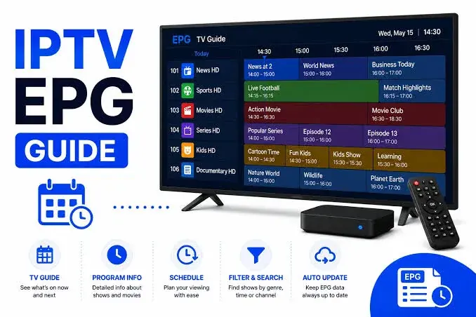 Engelskspråkig programguide med tidsschema per kanal bredvid en TV-box och en fjärrkontroll