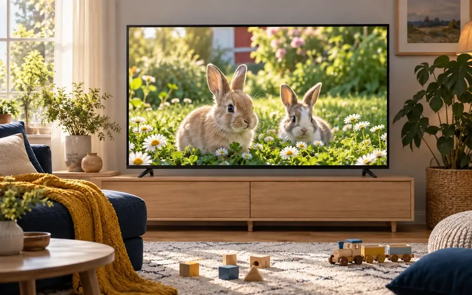 Kaniner på TV i ett ljust familjerum med träleksaker