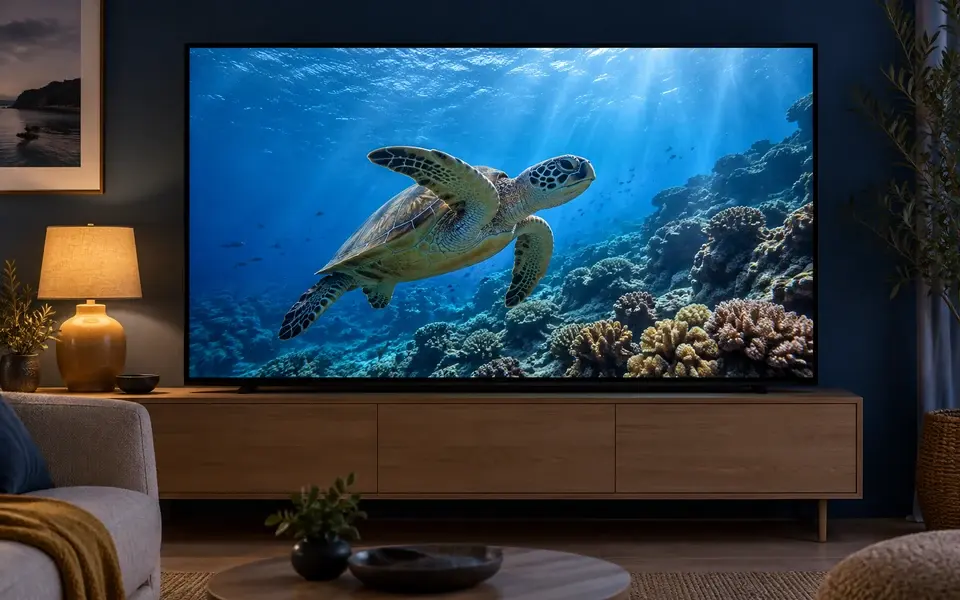 Naturdokumentär med havssköldpadda över ett korallrev på TV