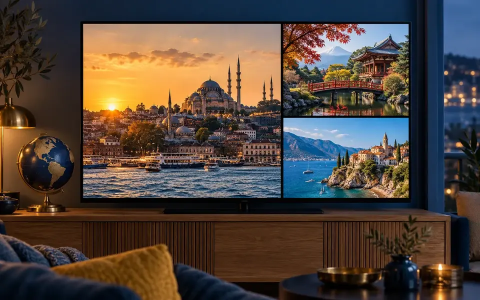 TV med vyer från Istanbul, Japan och Medelhavet intill en jordglob