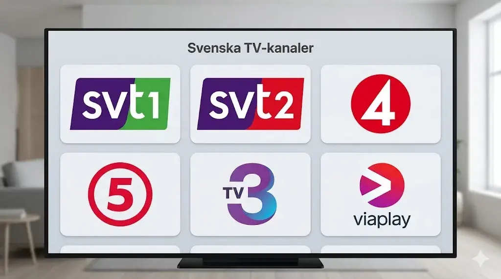 TV-skärm med rubriken Svenska TV-kanaler och en rad kanallogotyper i en ljus lägenhet