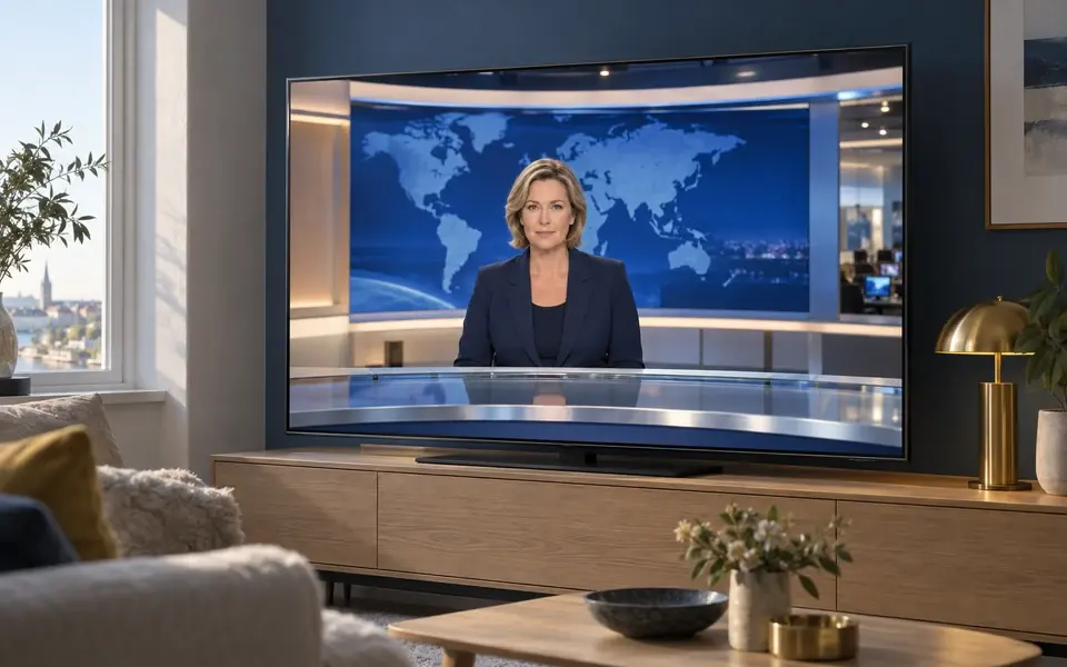 Nyhetspresentatör framför en världskarta på TV