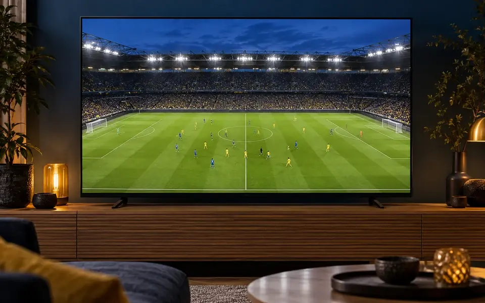 Fotbollsmatch på en stor TV i ett mörkblått vardagsrum