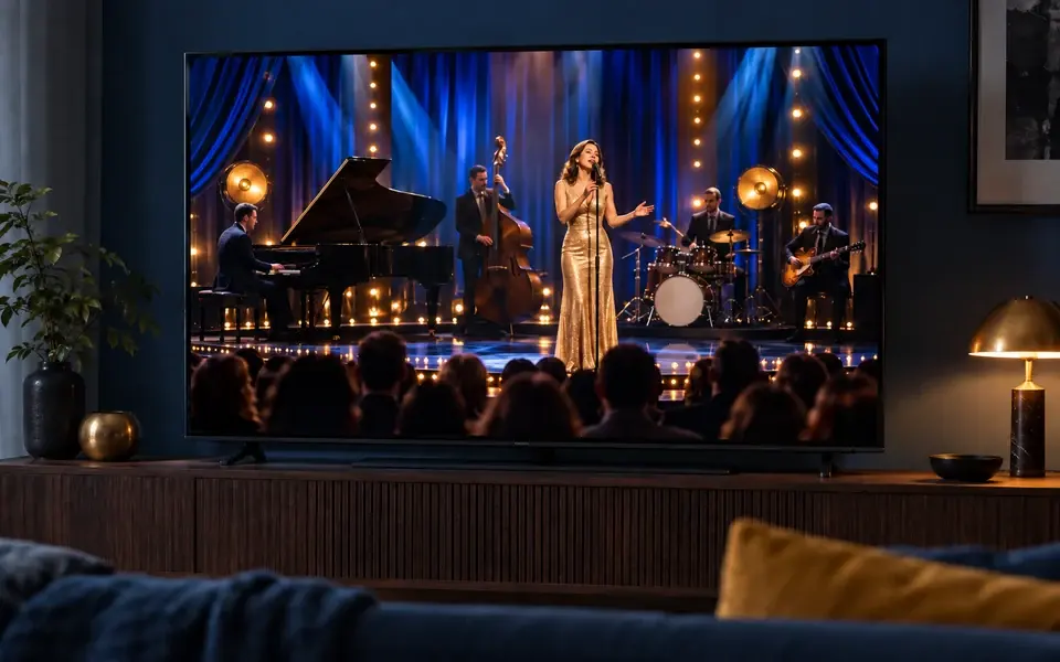 Sångerska och liveband på en blå och guldbelyst TV-scen