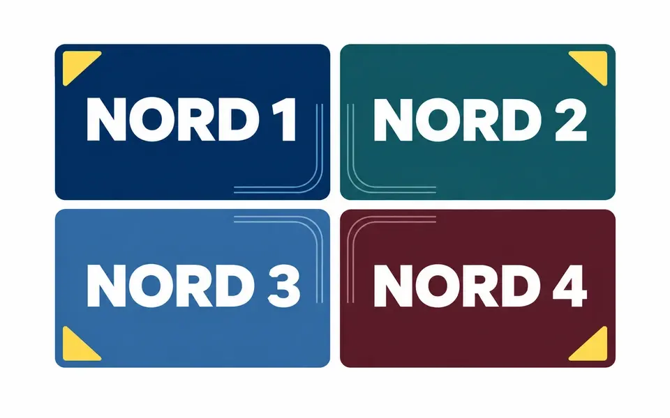 Fyra fiktiva kanalrutor märkta NORD 1–4 i nordiska färgtoner på vit bakgrund