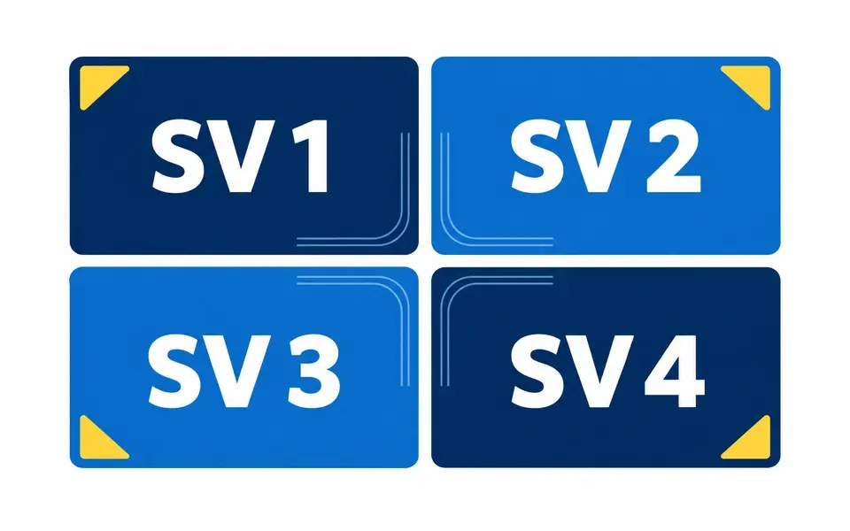Fyra fiktiva kanalrutor märkta SV 1–4 i blått och gult på vit bakgrund