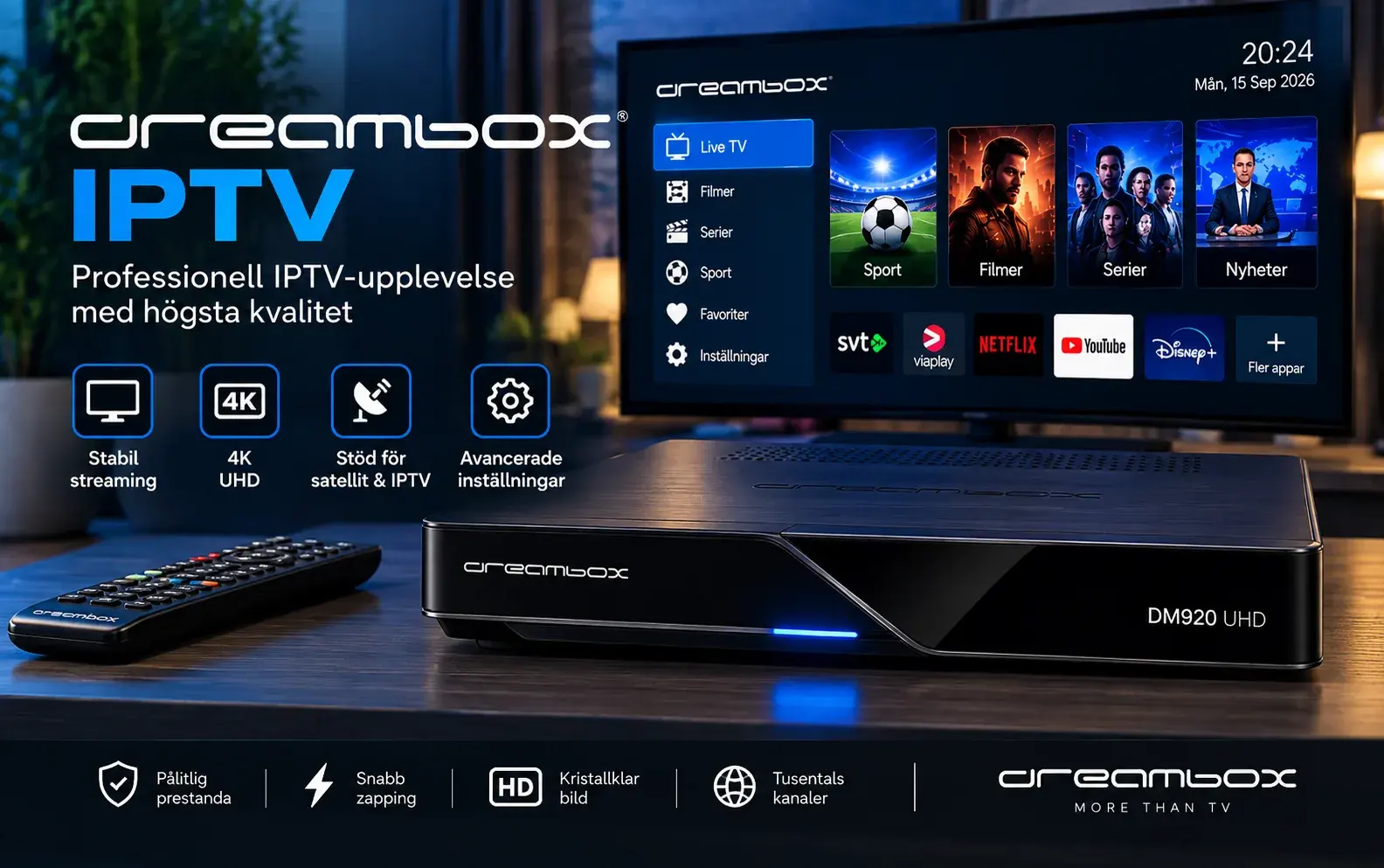 Dreambox-mottagare och fjärrkontroll framför en TV med Live TV-meny under rubriken Dreambox IPTV