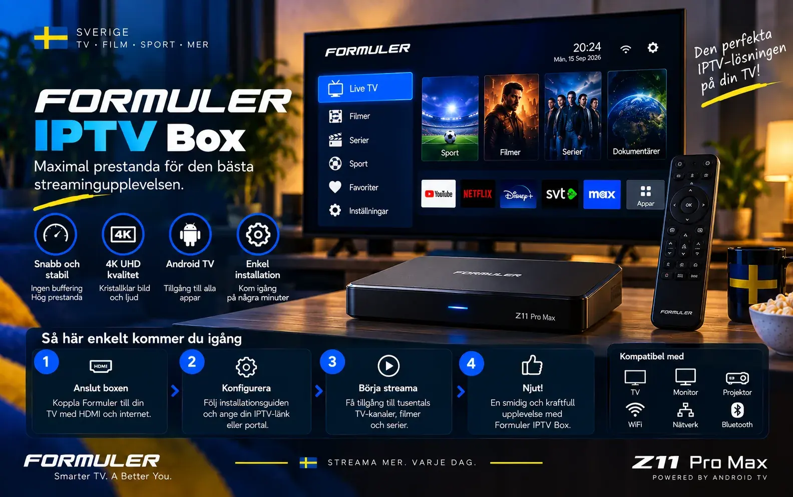 Formuler-box och fjärrkontroll framför en TV med Live TV-meny under rubriken Formuler IPTV Box