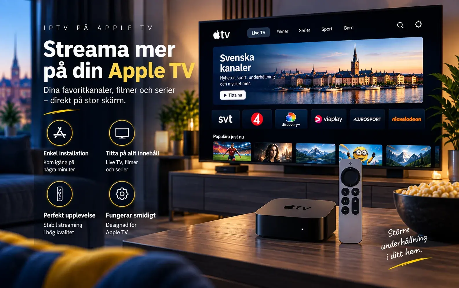 Apple TV-box och fjärrkontroll framför en TV med kanalmeny under rubriken Streama mer på din Apple TV