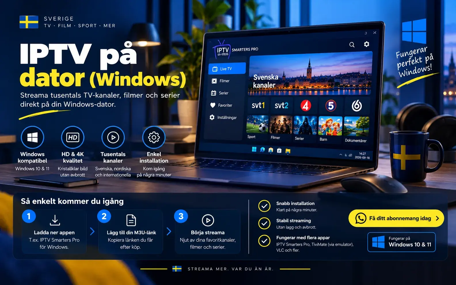 Bärbar dator med Windows som visar en IPTV-spelare under rubriken IPTV på dator