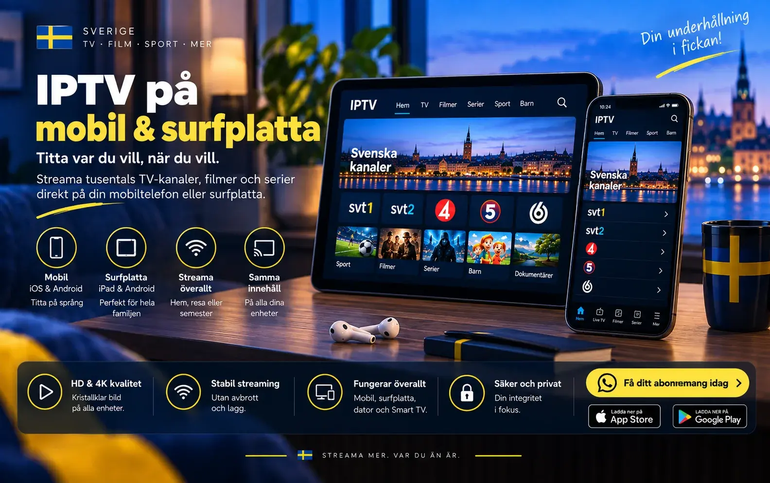 Surfplatta och mobil som visar en IPTV-app under rubriken IPTV på mobil och surfplatta