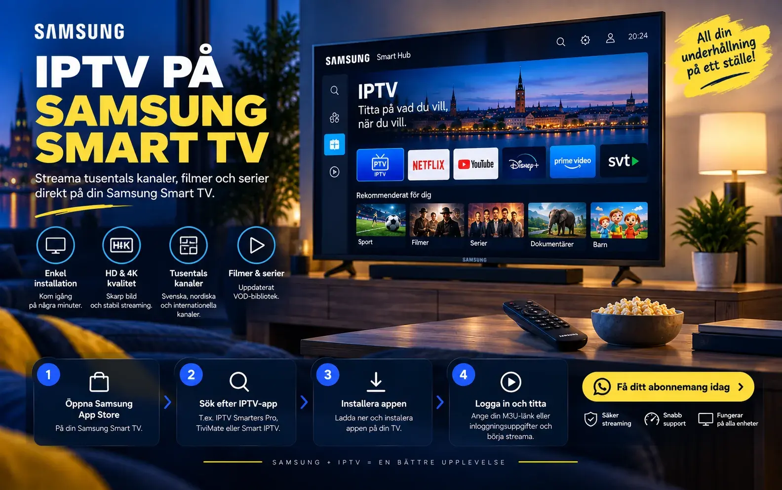 Samsung Smart TV med Smart Hub och rubriken IPTV på Samsung Smart TV i ett vardagsrum