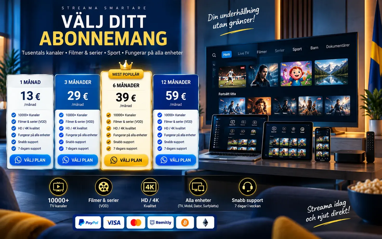 Fyra abonnemangskort bredvid en TV, laptop, surfplatta och mobil under rubriken Välj ditt abonnemang