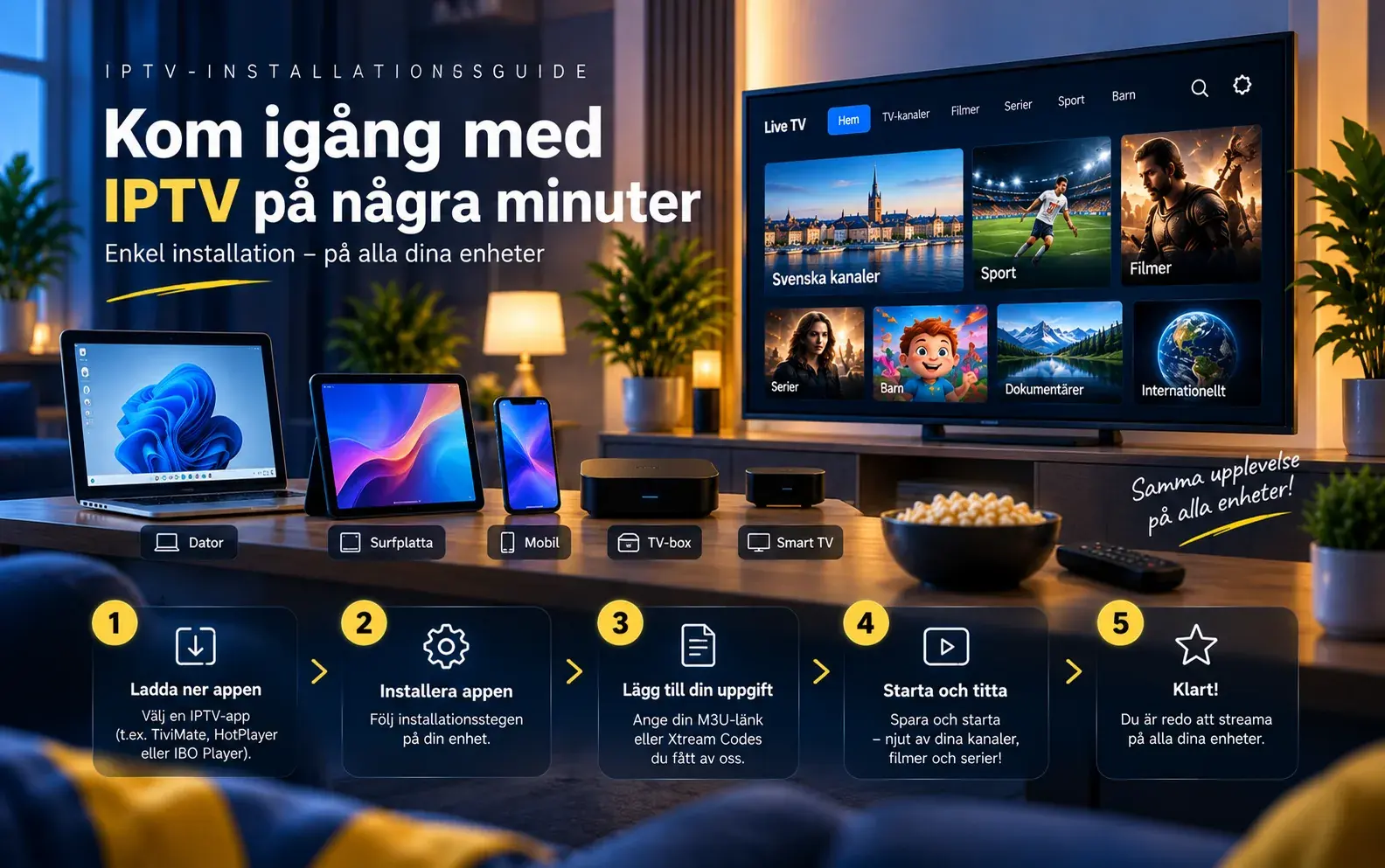 Rubriken Kom igång med IPTV på några minuter över dator, surfplatta, mobil, TV-box och Smart TV, bredvid en TV med kanalkategorier