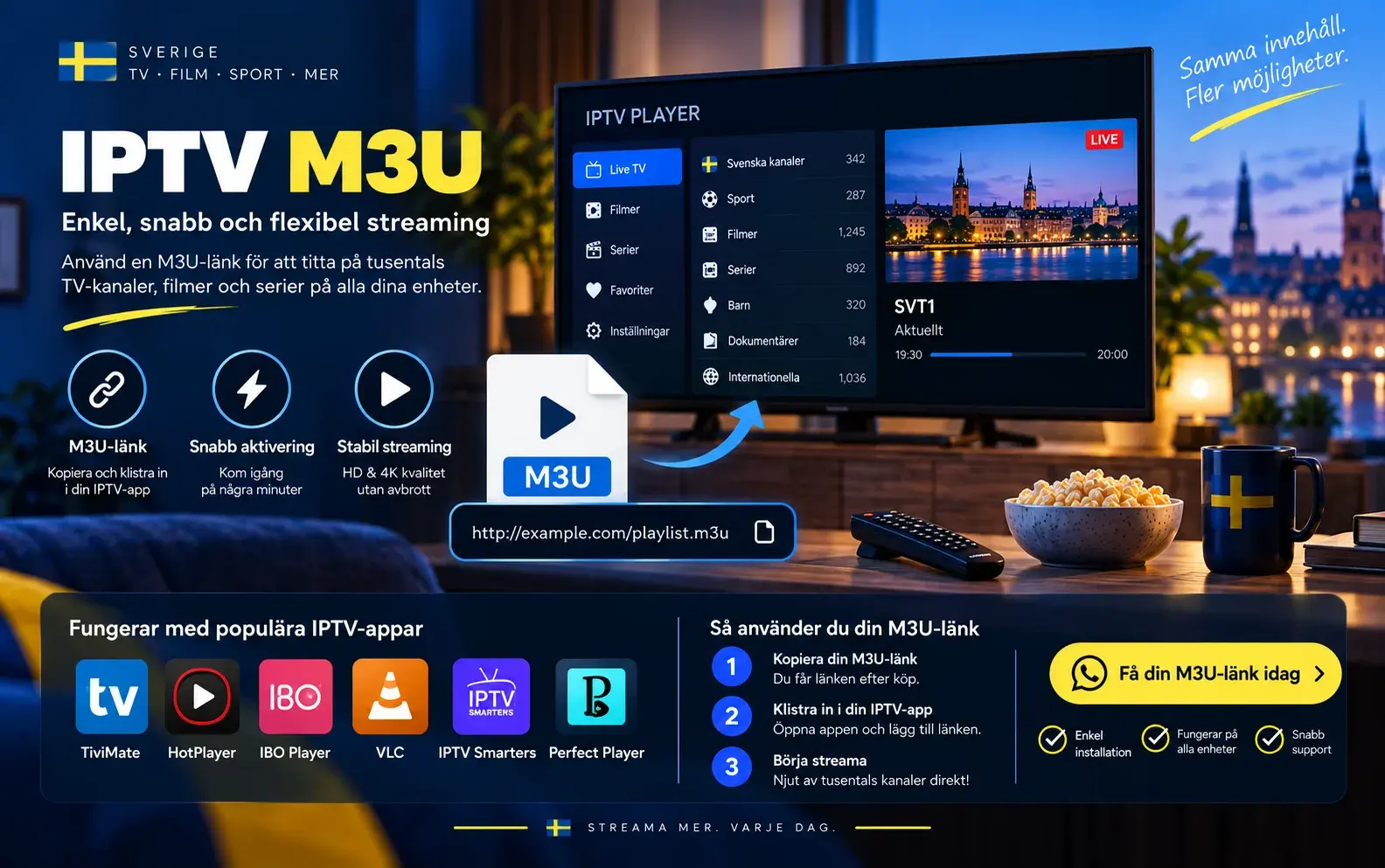 Rubriken IPTV M3U med en M3U-fil, en länkruta och en TV som visar en spelare med kanalkategorier