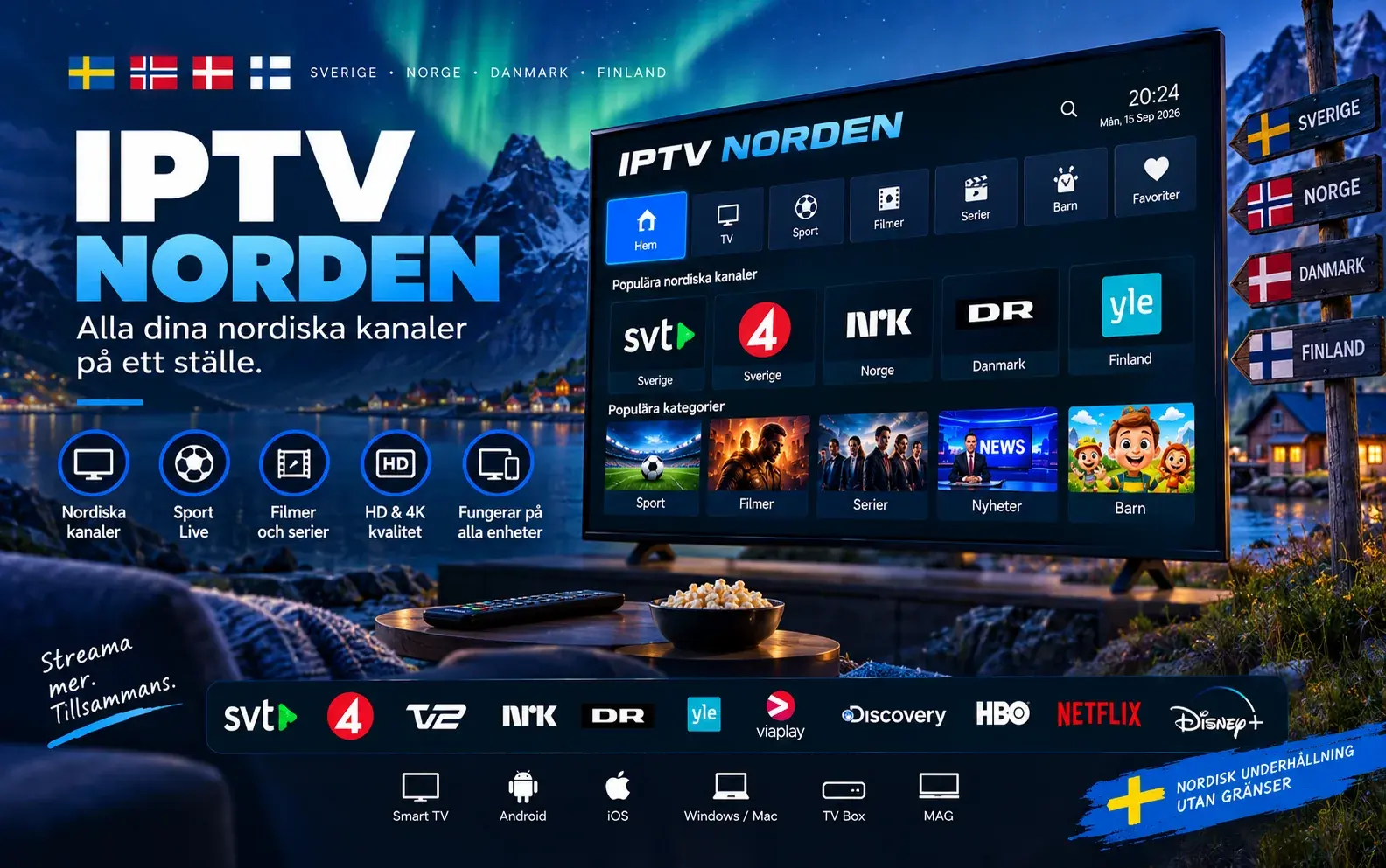 Rubriken IPTV Norden med norrsken, vägskyltar till Sverige, Norge, Danmark och Finland och en TV med kanalkategorier