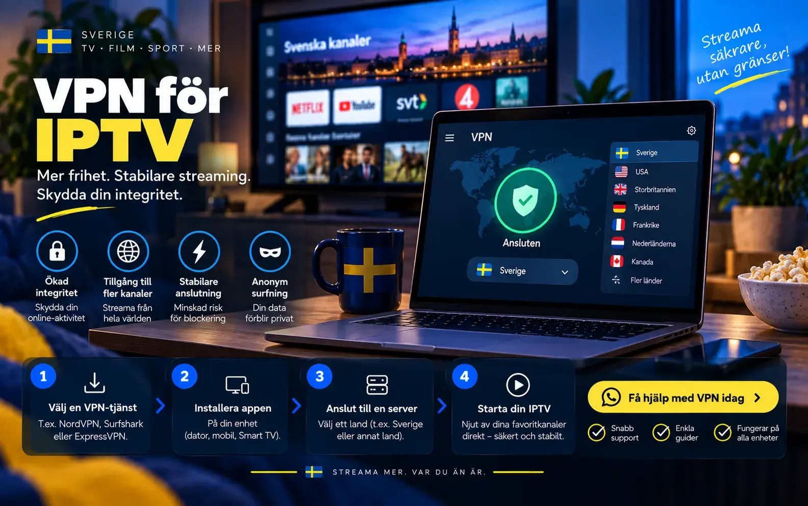 Bärbar dator med en VPN-app som visar landsval, bredvid en TV, under rubriken VPN för IPTV