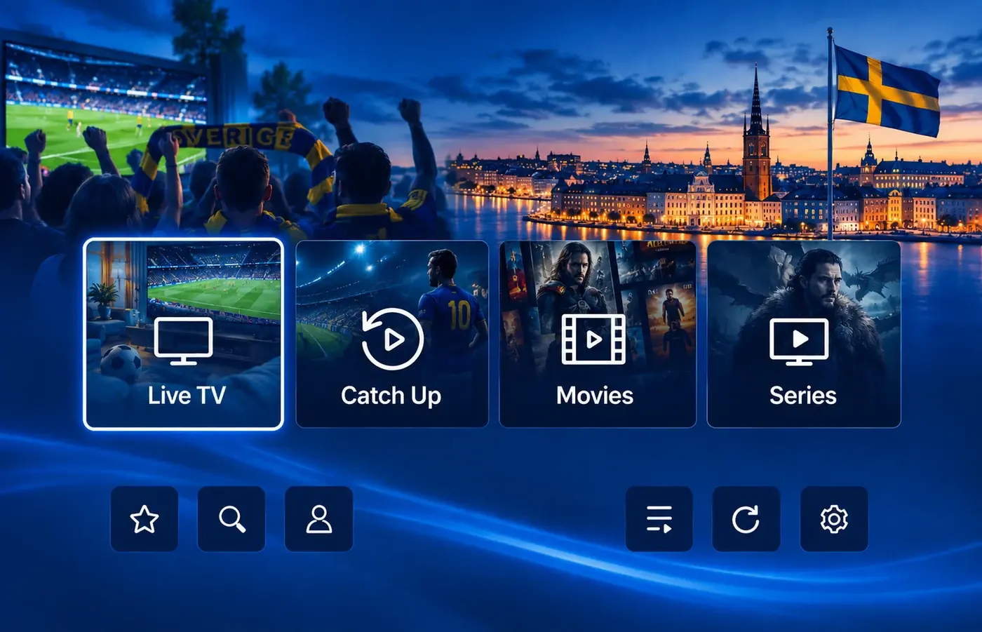 Svenska fotbollssupportrar tittar på en fotbollsmatch på storbildsskärm med Stockholms silhuett och en svensk flagga i bakgrunden, framför ett gränssnitt med rutorna Live TV, Catch Up, Movies och Series