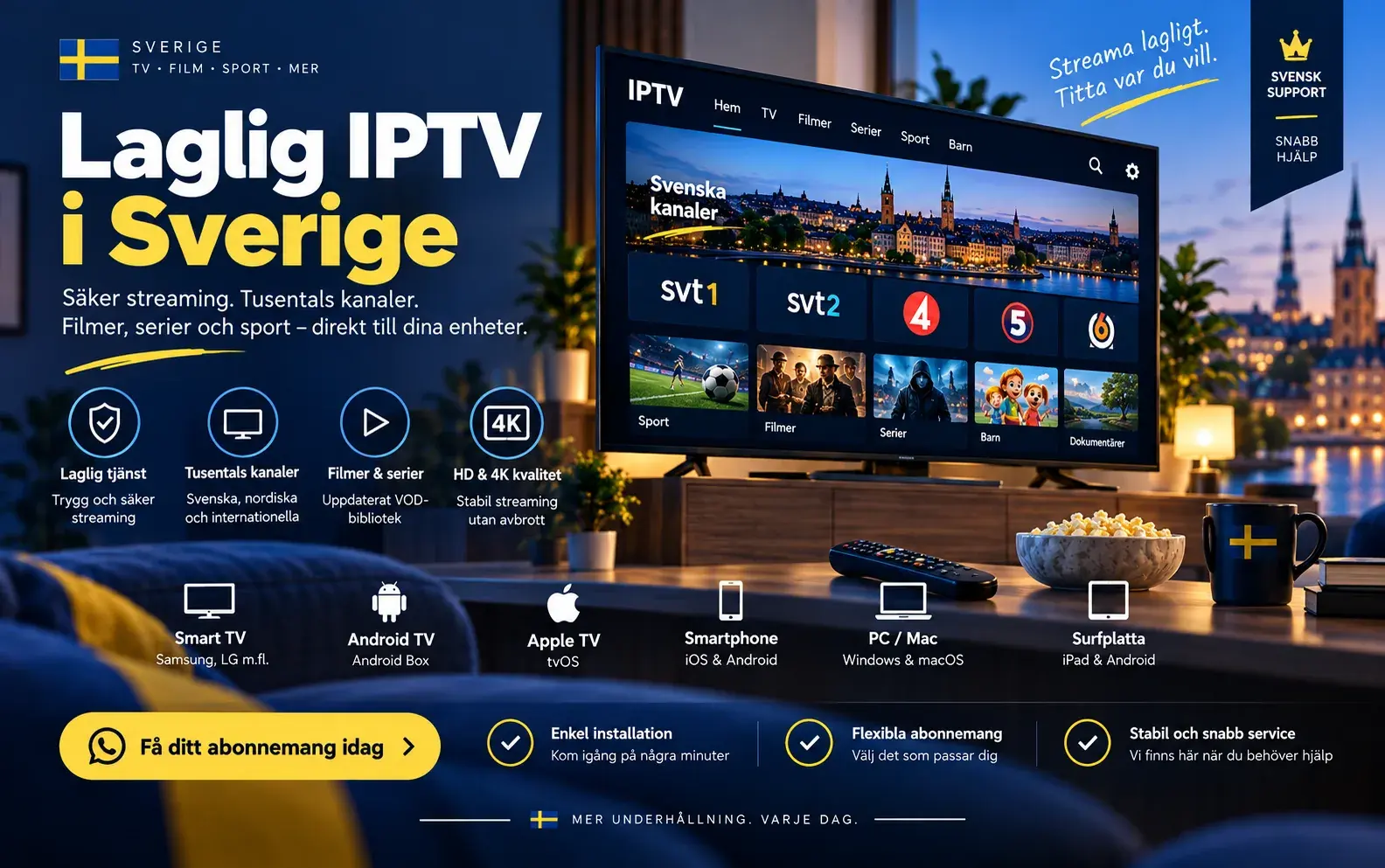Rubriken Laglig IPTV i Sverige bredvid en TV med kanalrutor och ikoner för säkerhet, kanaler och enheter