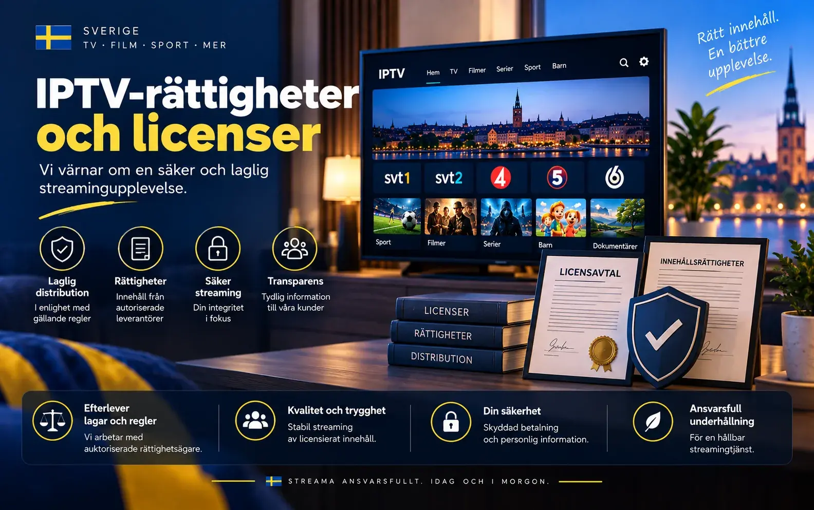 Rubriken IPTV-rättigheter och licenser med böcker, licensdokument och en sköld med bock bredvid en TV