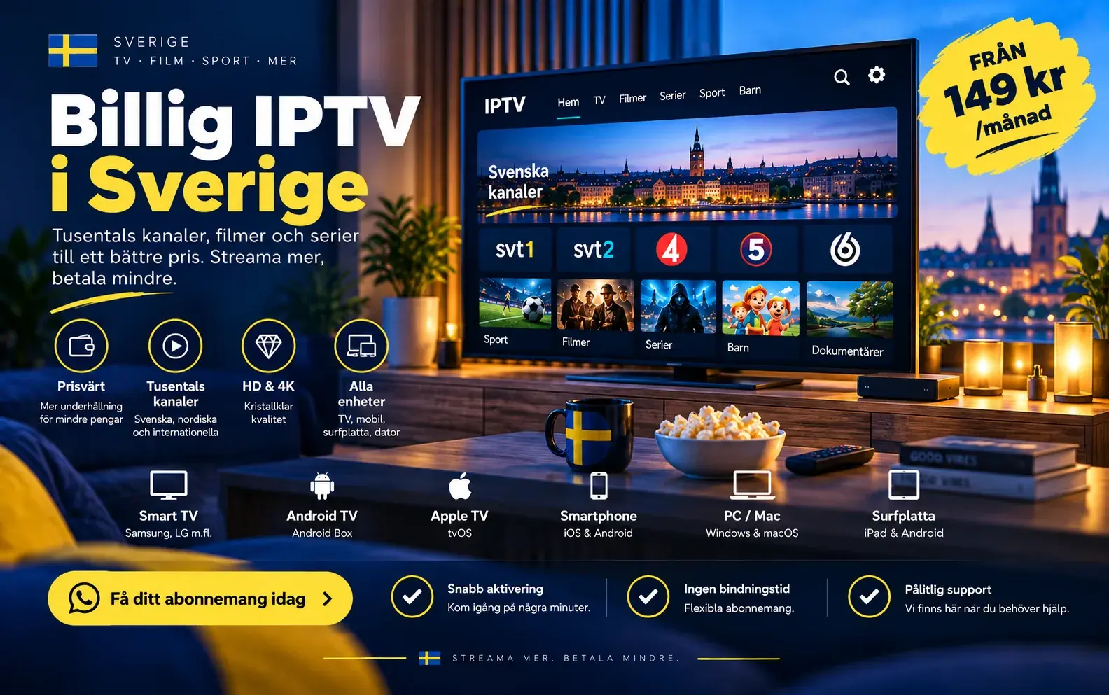 Rubriken Billig IPTV i Sverige med en prislapp, en TV med kanalrutor och en kopp med svensk flagga