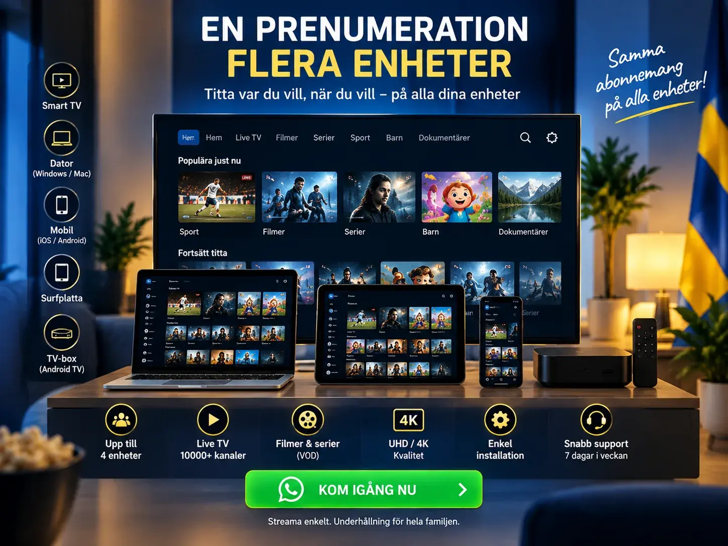 TV, laptop, surfplatta, mobil och TV-box på ett bord under rubriken En prenumeration, flera enheter
