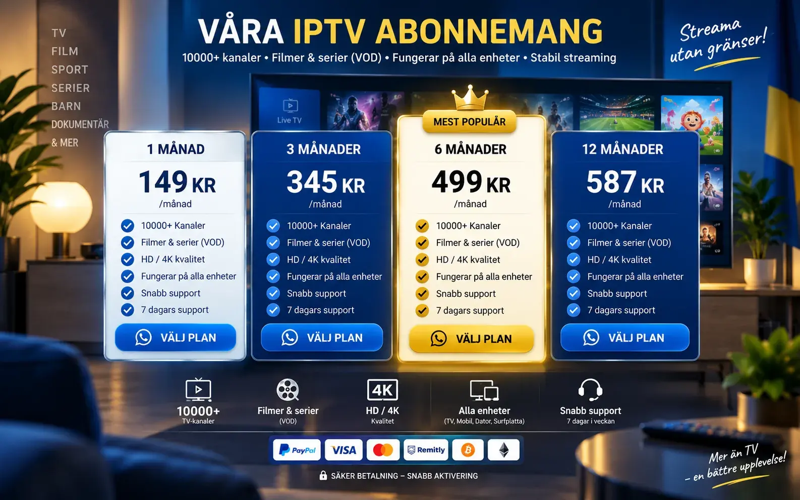 Prisöversikt med fyra abonnemangskort för 1, 3, 6 och 12 månader framför en TV i ett blågult vardagsrum