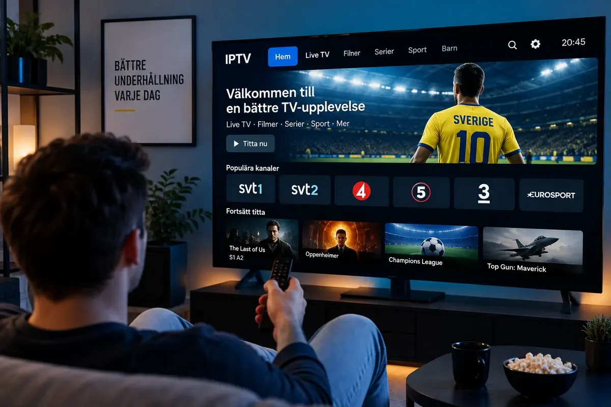Person i soffan håller en fjärrkontroll framför en smart-tv med en startskärm för live-tv, filmer, serier och sport