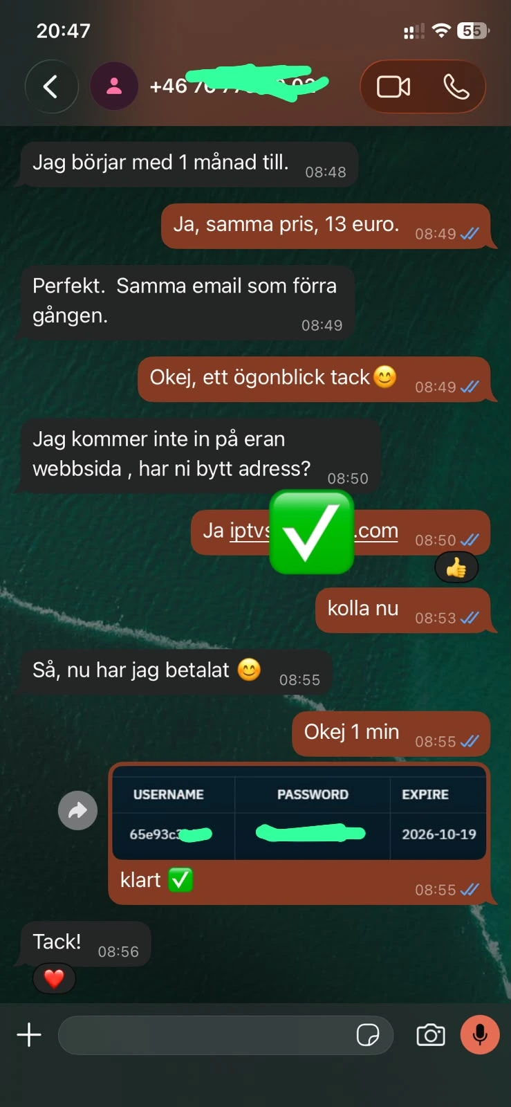 Skärmbild av en konversation med en återkommande kund